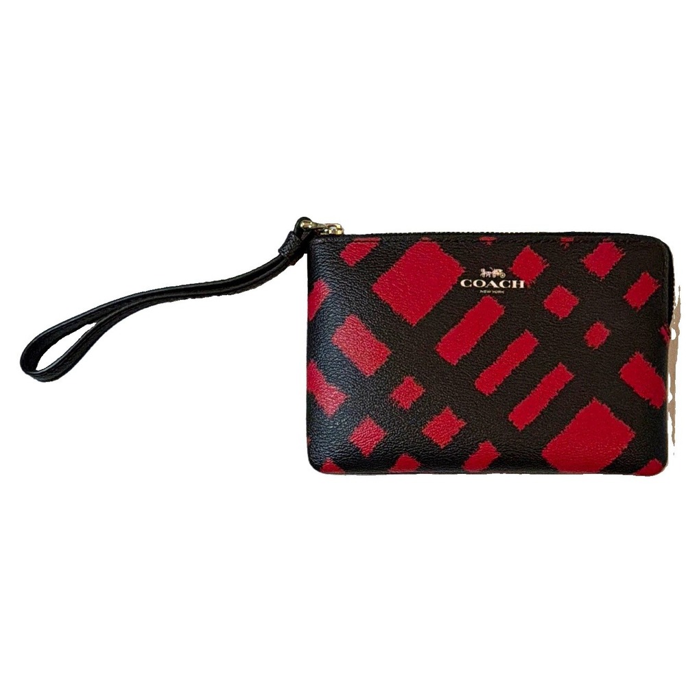 Coach F23715 Wristlet Black Red Geometric Print Zip Clutch Wallet